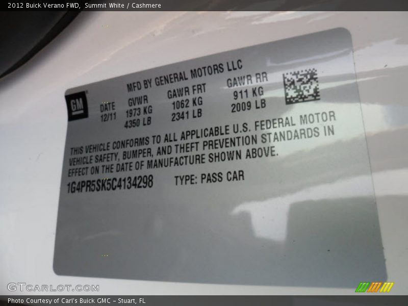 Summit White / Cashmere 2012 Buick Verano FWD