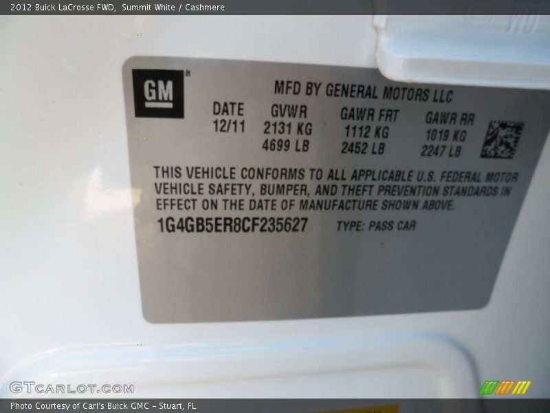 Summit White / Cashmere 2012 Buick LaCrosse FWD