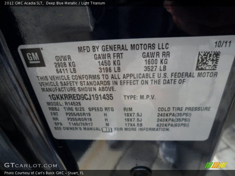 Deep Blue Metallic / Light Titanium 2012 GMC Acadia SLT
