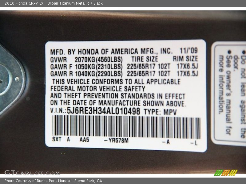 Urban Titanium Metallic / Black 2010 Honda CR-V LX