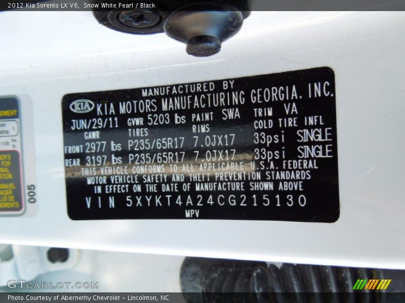 2012 Sorento LX V6 Snow White Pearl Color Code SWA