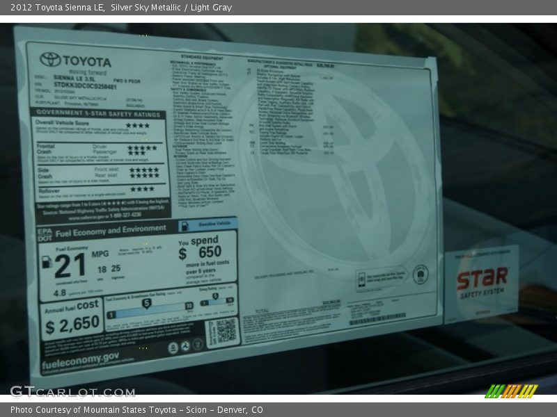 Silver Sky Metallic / Light Gray 2012 Toyota Sienna LE