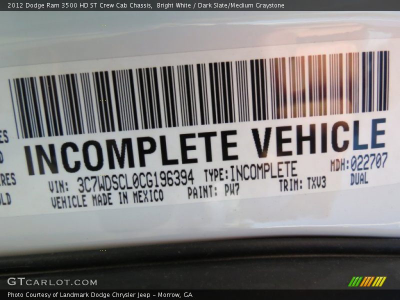 Bright White / Dark Slate/Medium Graystone 2012 Dodge Ram 3500 HD ST Crew Cab Chassis