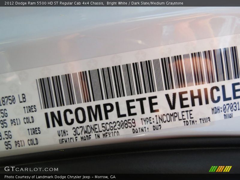 Bright White / Dark Slate/Medium Graystone 2012 Dodge Ram 5500 HD ST Regular Cab 4x4 Chassis