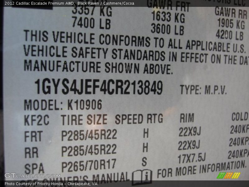 Black Raven / Cashmere/Cocoa 2012 Cadillac Escalade Premium AWD