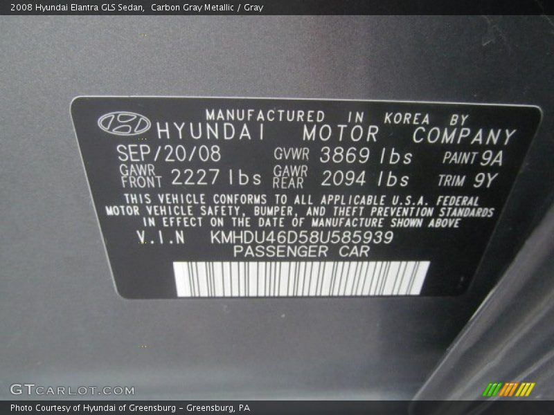 2008 Elantra GLS Sedan Carbon Gray Metallic Color Code 9A