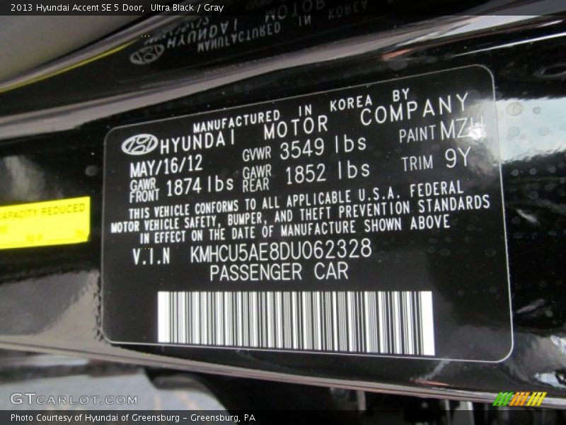 2013 Accent SE 5 Door Ultra Black Color Code MZH