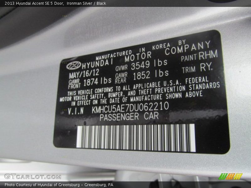 2013 Accent SE 5 Door Ironman Silver Color Code RHM