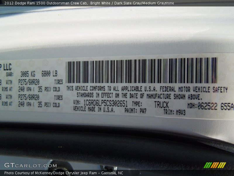 2012 Ram 1500 Outdoorsman Crew Cab Bright White Color Code PW7