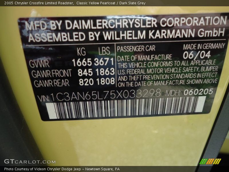 Classic Yellow Pearlcoat / Dark Slate Grey 2005 Chrysler Crossfire Limited Roadster