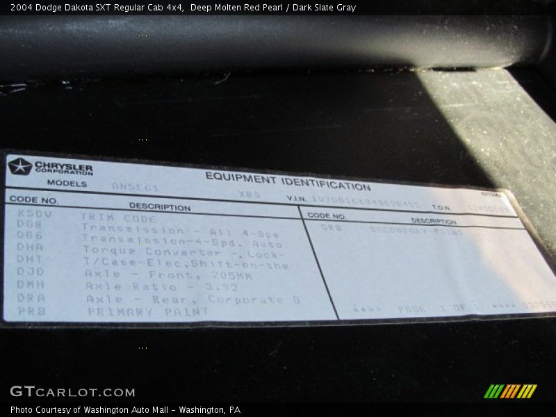Info Tag of 2004 Dakota SXT Regular Cab 4x4