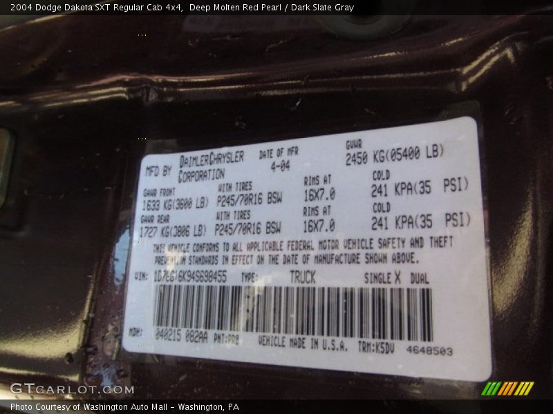 2004 Dakota SXT Regular Cab 4x4 Deep Molten Red Pearl Color Code PR8