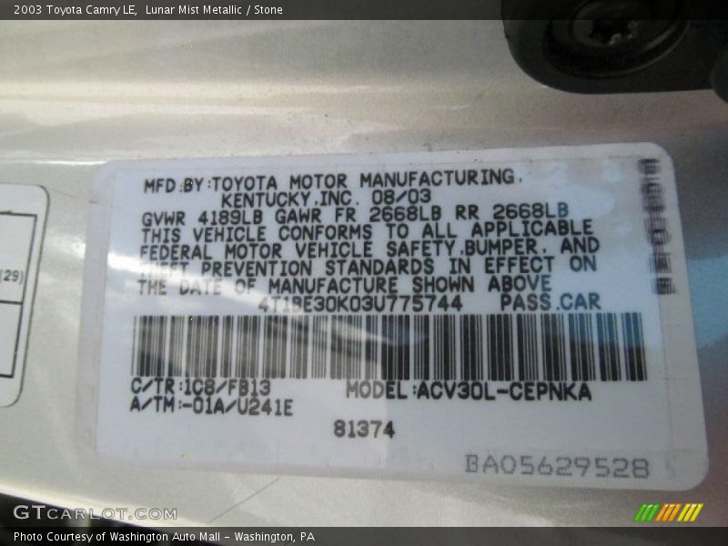 Lunar Mist Metallic / Stone 2003 Toyota Camry LE
