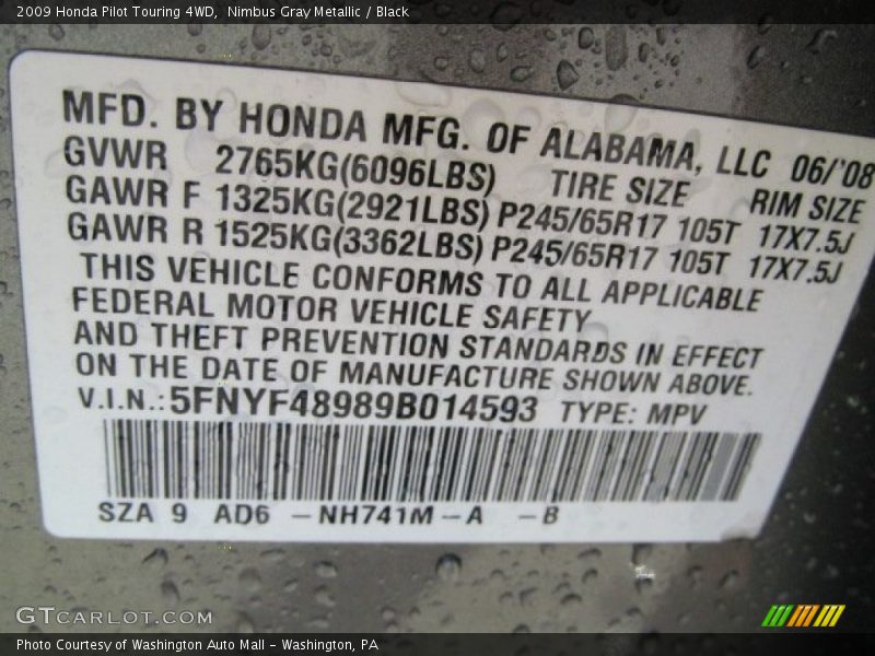 Nimbus Gray Metallic / Black 2009 Honda Pilot Touring 4WD