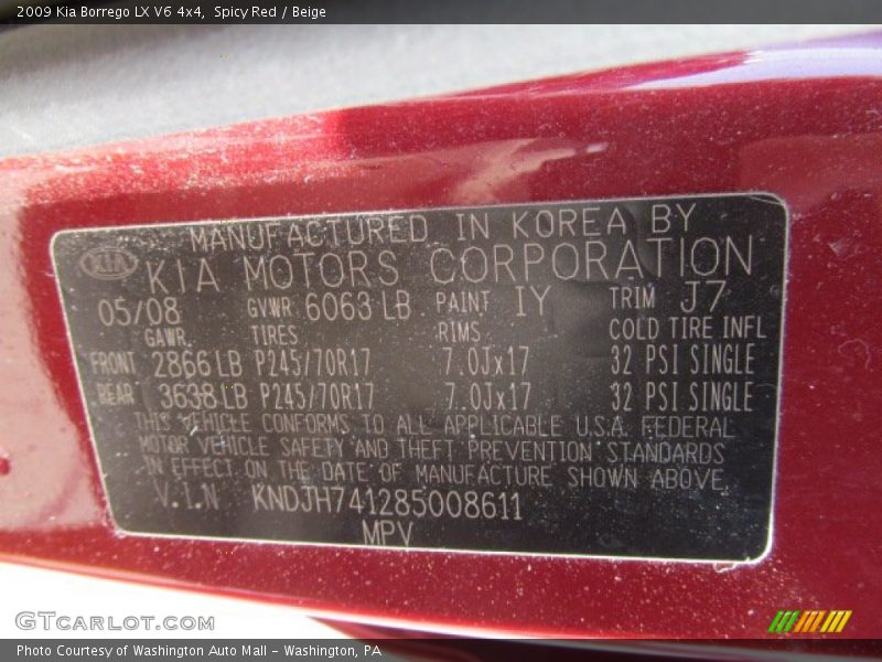 2009 Borrego LX V6 4x4 Spicy Red Color Code IY