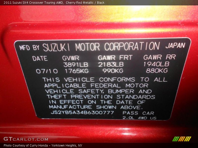 Cherry Red Metallic / Black 2011 Suzuki SX4 Crossover Touring AWD