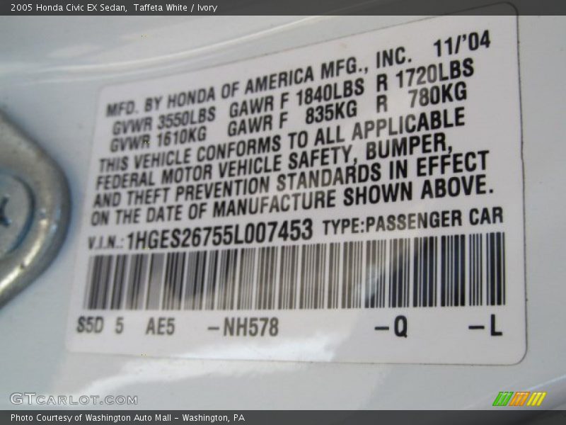 2005 Civic EX Sedan Taffeta White Color Code NH578