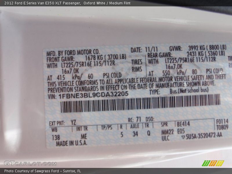 Oxford White / Medium Flint 2012 Ford E Series Van E350 XLT Passenger
