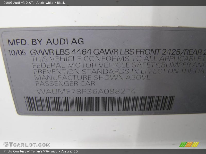 Arctic White / Black 2006 Audi A3 2.0T