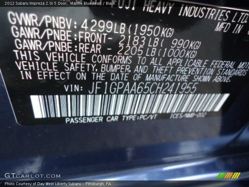 Marine Blue Pearl / Black 2012 Subaru Impreza 2.0i 5 Door