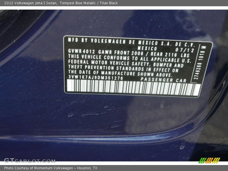 Tempest Blue Metallic / Titan Black 2013 Volkswagen Jetta S Sedan