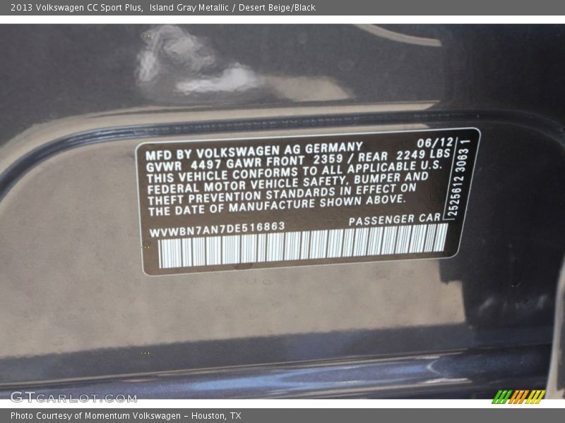 Island Gray Metallic / Desert Beige/Black 2013 Volkswagen CC Sport Plus