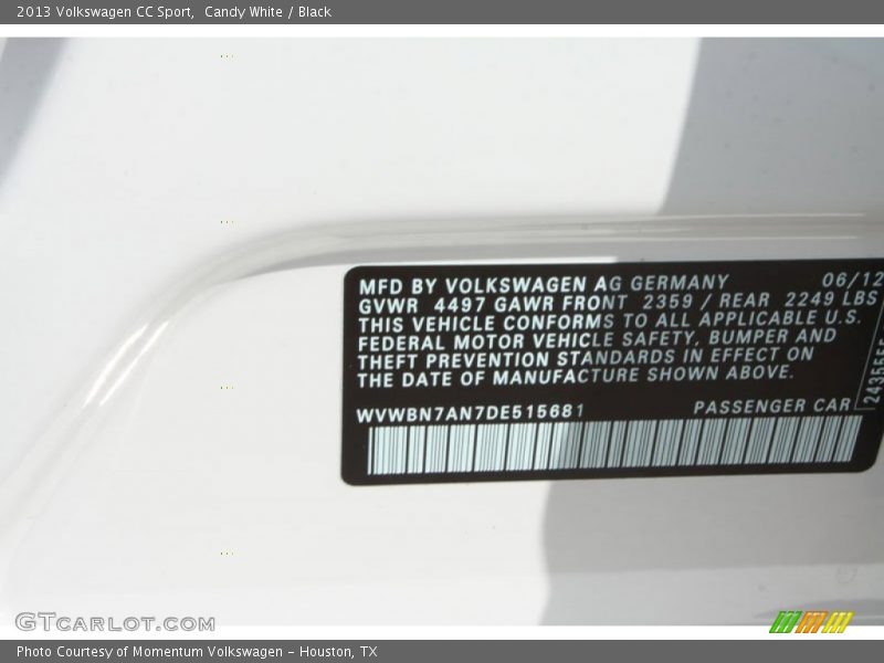 Candy White / Black 2013 Volkswagen CC Sport