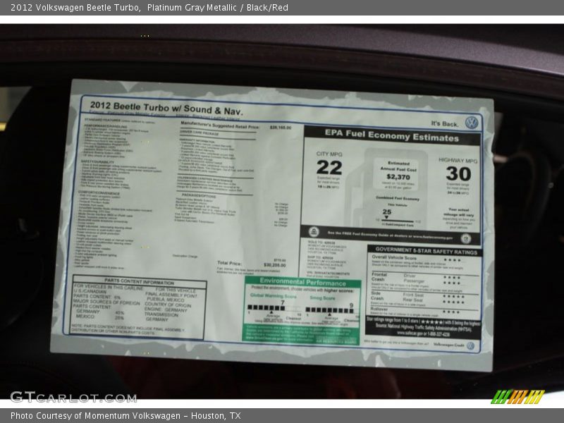 Platinum Gray Metallic / Black/Red 2012 Volkswagen Beetle Turbo