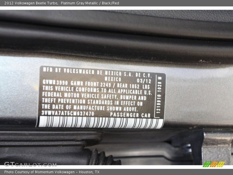 Platinum Gray Metallic / Black/Red 2012 Volkswagen Beetle Turbo