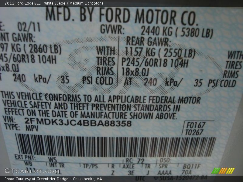 White Suede / Medium Light Stone 2011 Ford Edge SEL