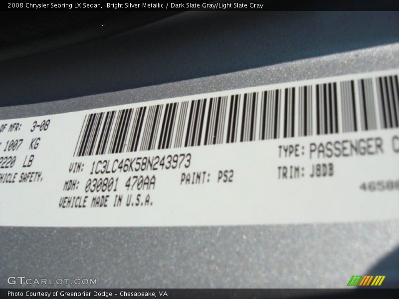 Bright Silver Metallic / Dark Slate Gray/Light Slate Gray 2008 Chrysler Sebring LX Sedan