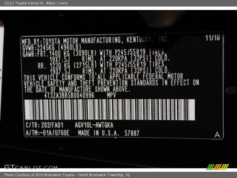 Black / Ivory 2011 Toyota Venza I4