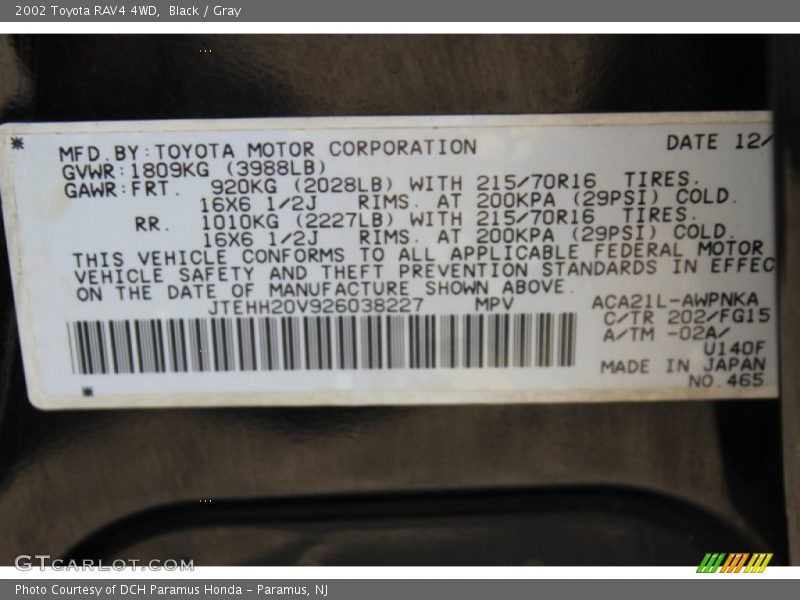 Black / Gray 2002 Toyota RAV4 4WD