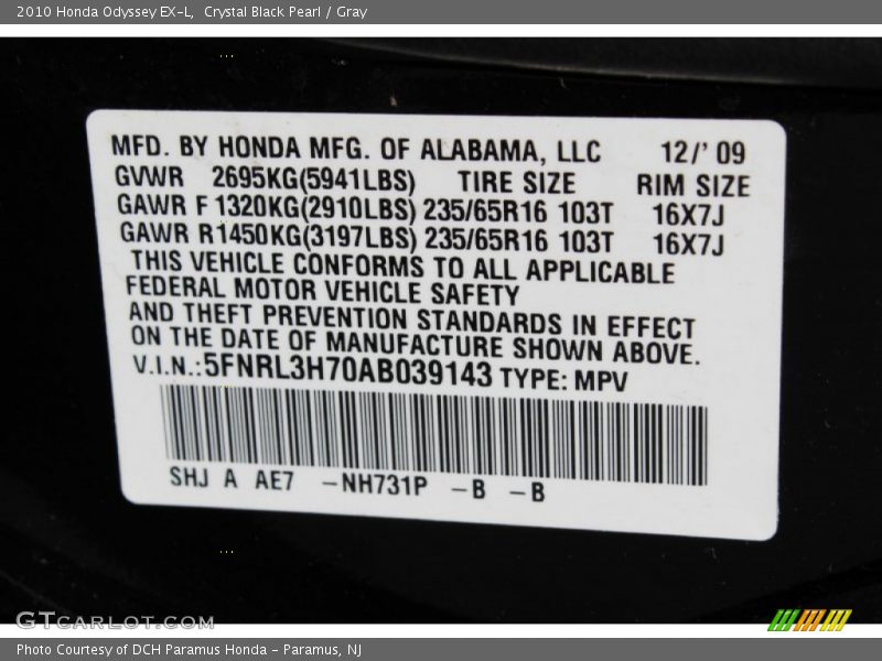 Crystal Black Pearl / Gray 2010 Honda Odyssey EX-L