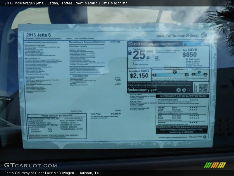  2013 Jetta S Sedan Window Sticker
