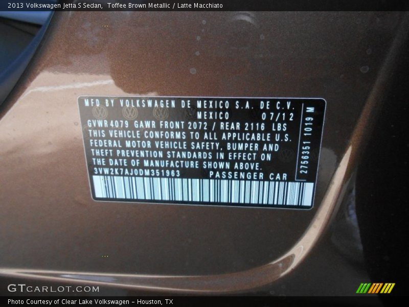 Toffee Brown Metallic / Latte Macchiato 2013 Volkswagen Jetta S Sedan