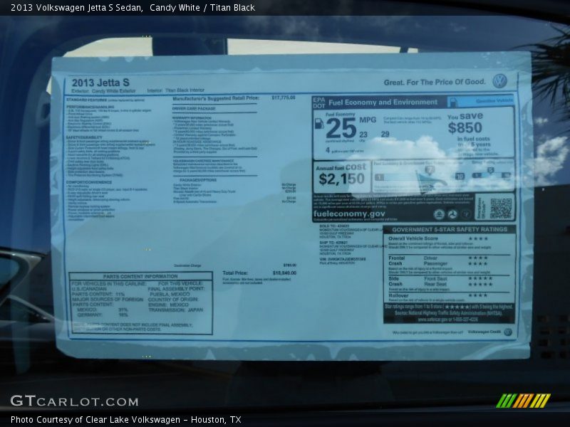  2013 Jetta S Sedan Window Sticker