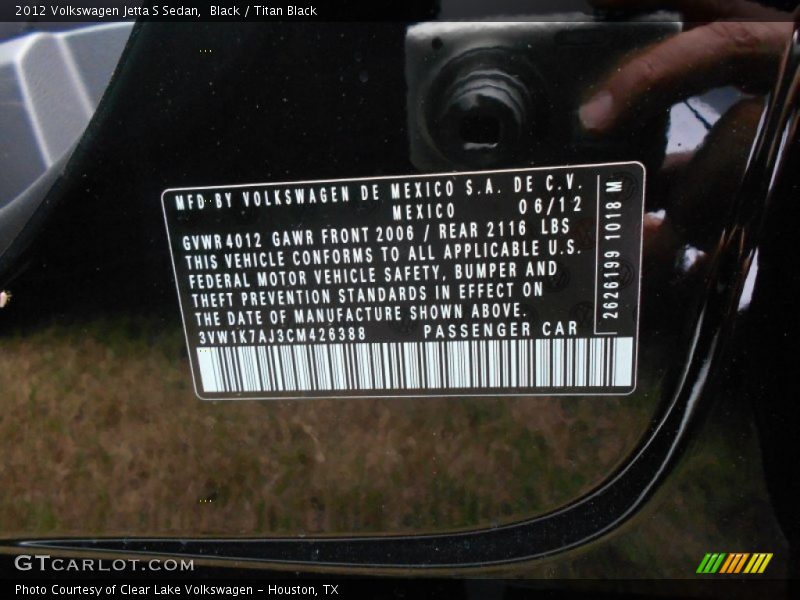 Black / Titan Black 2012 Volkswagen Jetta S Sedan