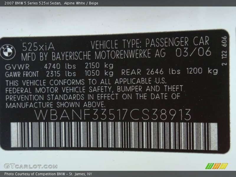 Alpine White / Beige 2007 BMW 5 Series 525xi Sedan
