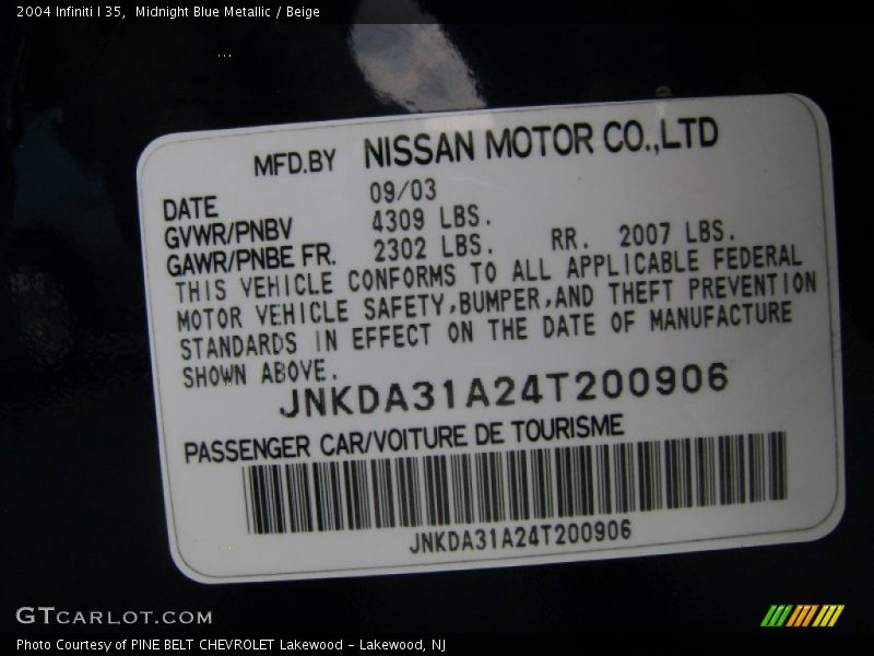 Midnight Blue Metallic / Beige 2004 Infiniti I 35