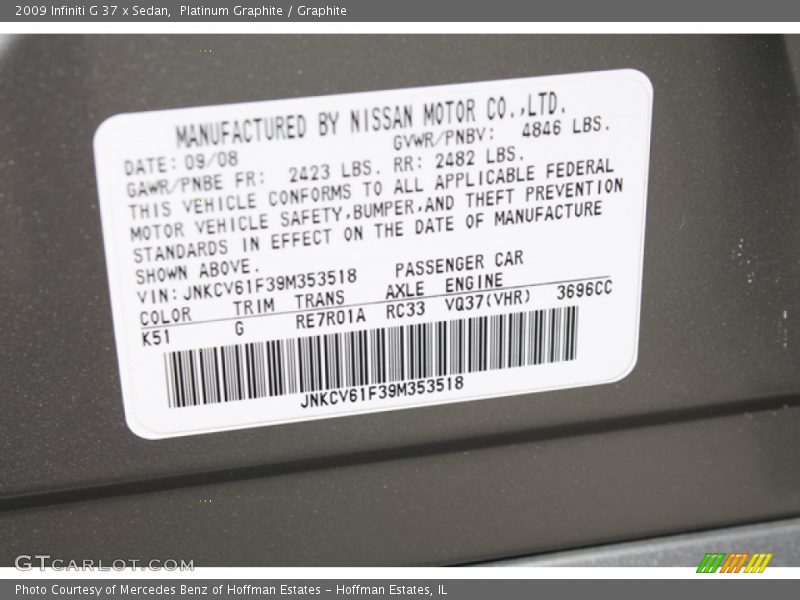 Platinum Graphite / Graphite 2009 Infiniti G 37 x Sedan