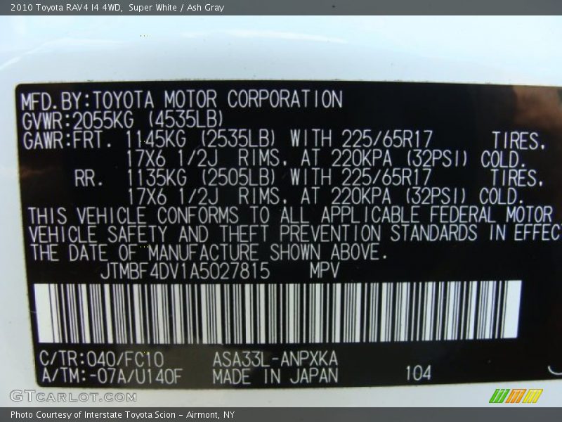 Super White / Ash Gray 2010 Toyota RAV4 I4 4WD