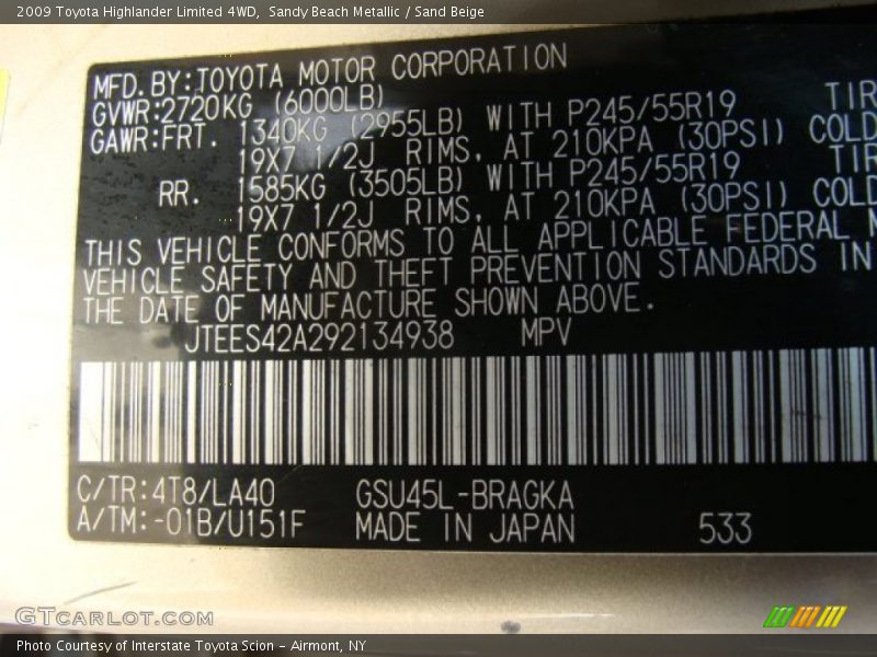 Sandy Beach Metallic / Sand Beige 2009 Toyota Highlander Limited 4WD