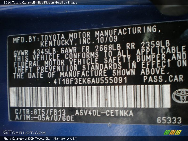 Blue Ribbon Metallic / Bisque 2010 Toyota Camry LE