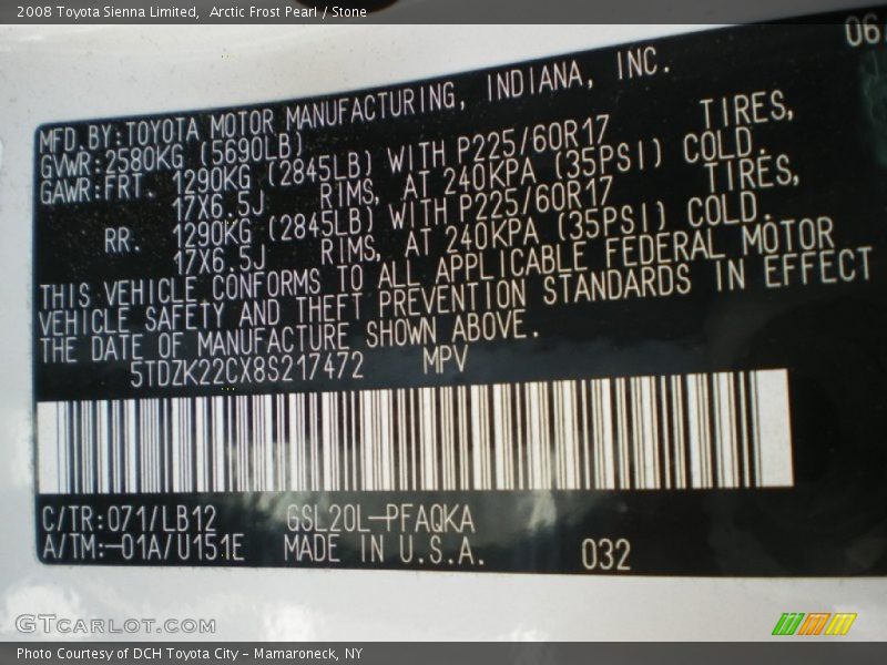Arctic Frost Pearl / Stone 2008 Toyota Sienna Limited