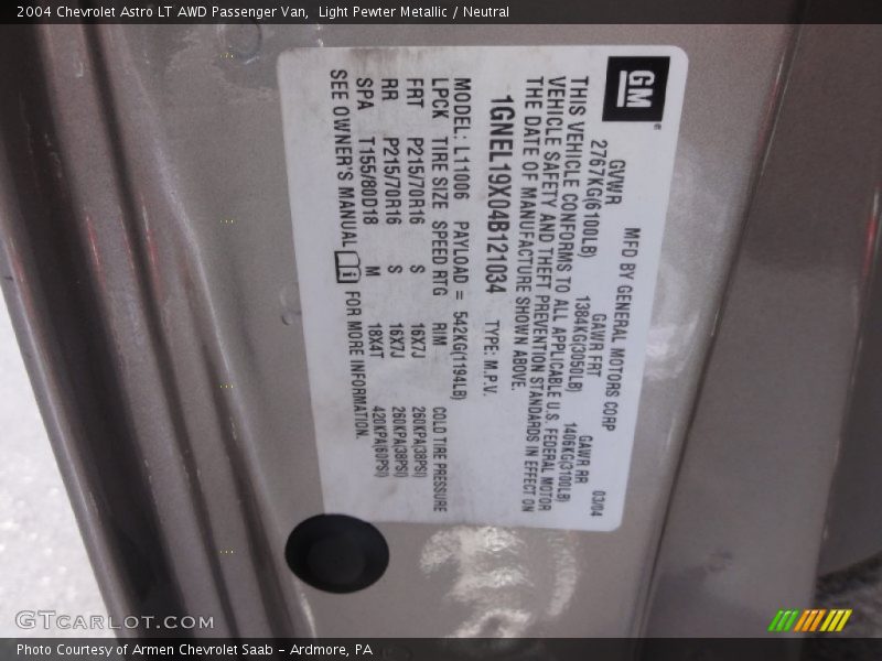 Info Tag of 2004 Astro LT AWD Passenger Van