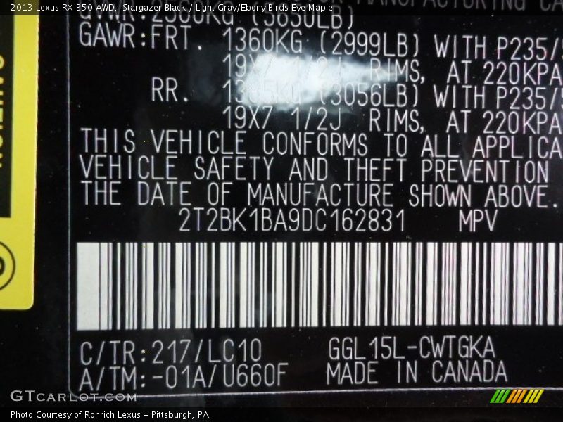 Stargazer Black / Light Gray/Ebony Birds Eye Maple 2013 Lexus RX 350 AWD