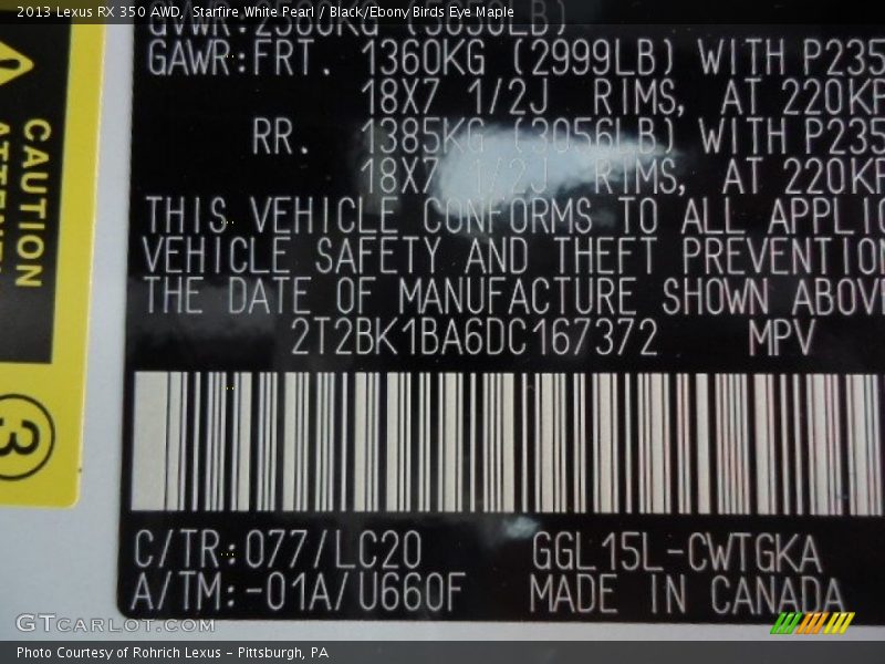 Starfire White Pearl / Black/Ebony Birds Eye Maple 2013 Lexus RX 350 AWD