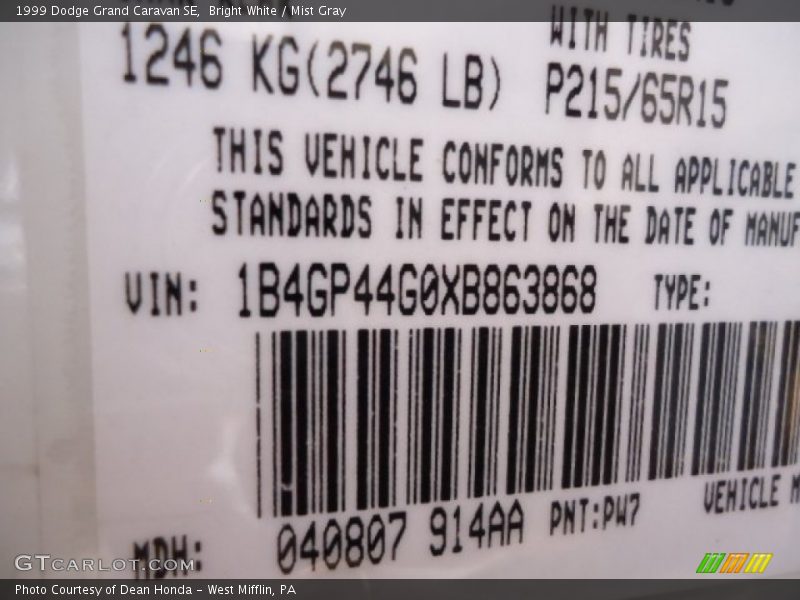 1999 Grand Caravan SE Bright White Color Code PW7