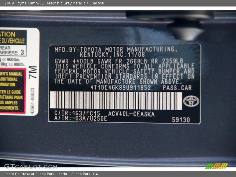 Magnetic Gray Metallic / Charcoal 2009 Toyota Camry SE